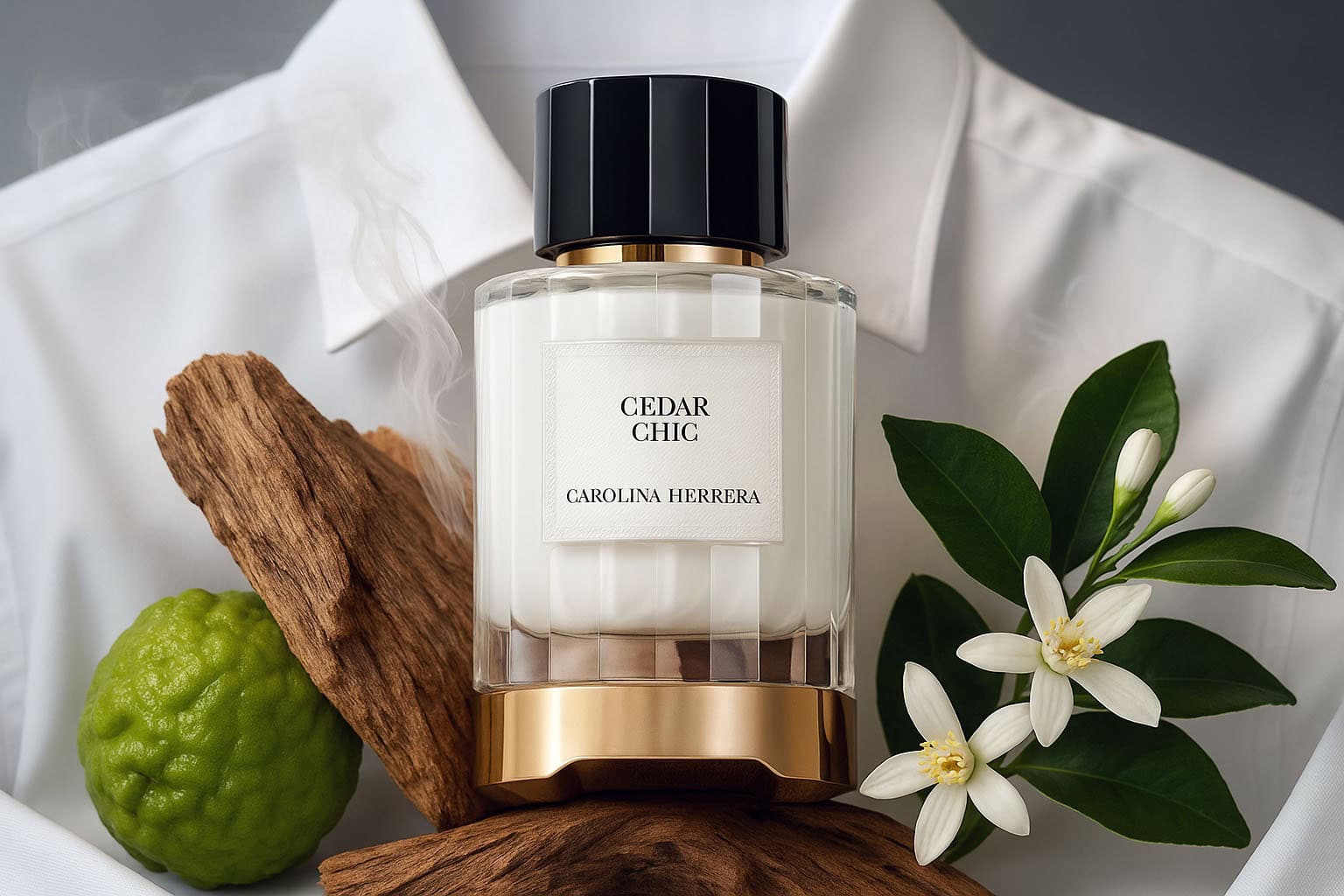 Cedar Chic by Carolina Herrera, a sophisticated woody-floral fragrance inspired by the timeless elegance of Carolina Herrera’s iconic white shirt.