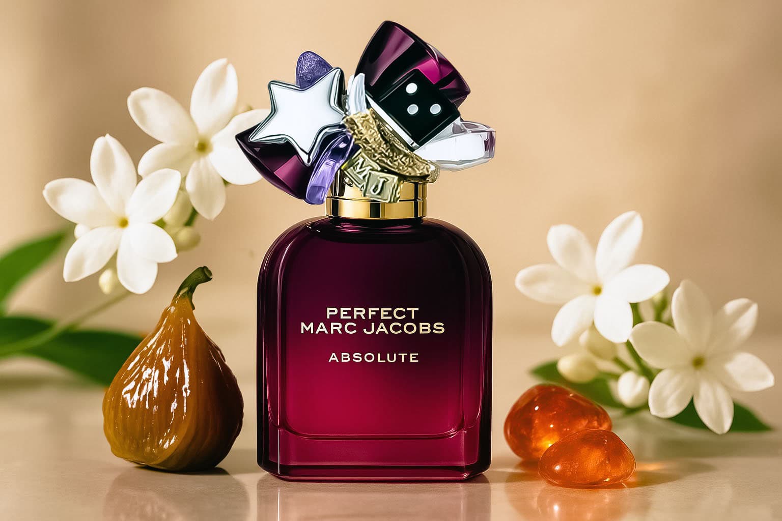 Marc Jacobs Perfect Absolute Eau de Parfum in amber-toned bottle featuring caramelised fig and jasmine notes