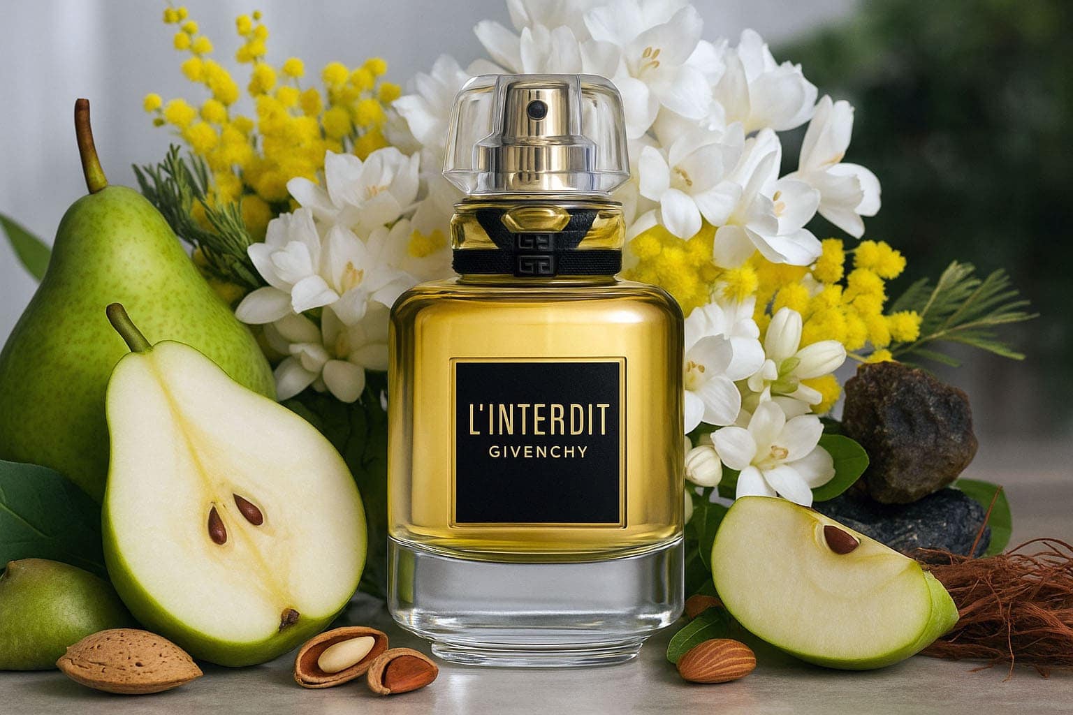 Givenchy L’Interdit Le Parfum 2025 with notes of pear, apple, bitter almond, tuberose, jasmine, mimosa, benzoin, patchouli, myrrh, opoponax, and vetiver