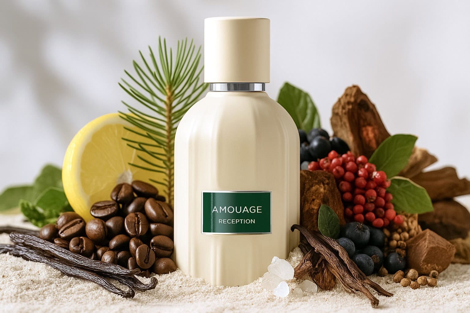 Amouage Reception fragrance inspired by coffee, lemon, pine, pink pepper, frankincense, patchouli, cedarwood, vanilla, cypriol, and musk, evoking the warmth and depth of connection