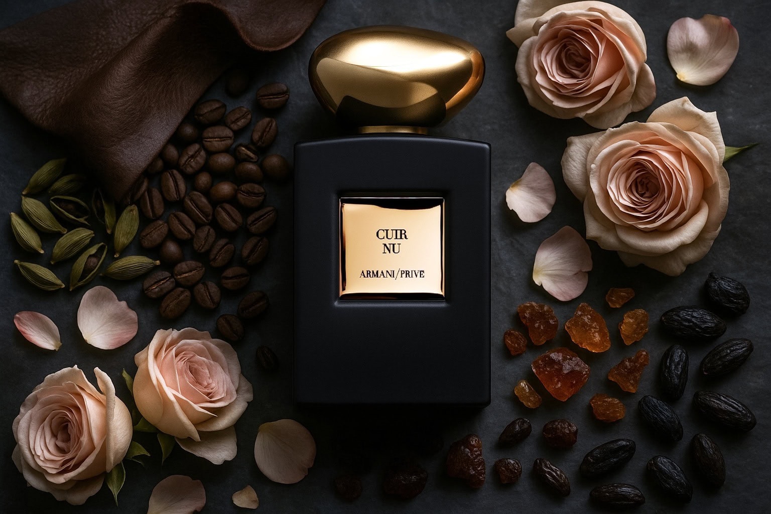 Giorgio Armani Cuir Nu Eau de Parfum - a rich Oriental Leather fragrance featuring coffee, cardamom, leather, damask rose, amber, tonka bean, and labdanum.