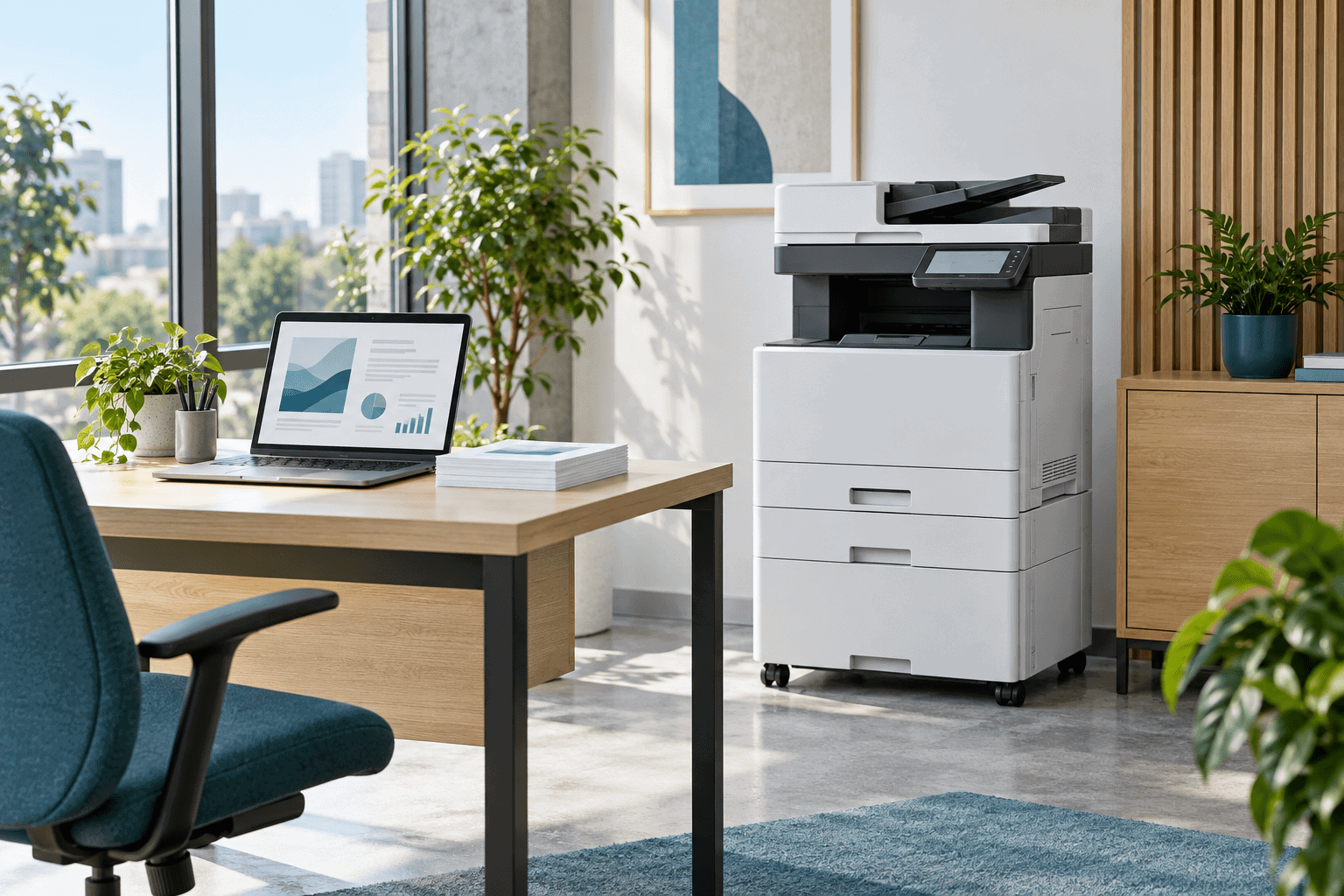 Multifunzione e computer in un ufficio moderno per la stampa sostenibile.