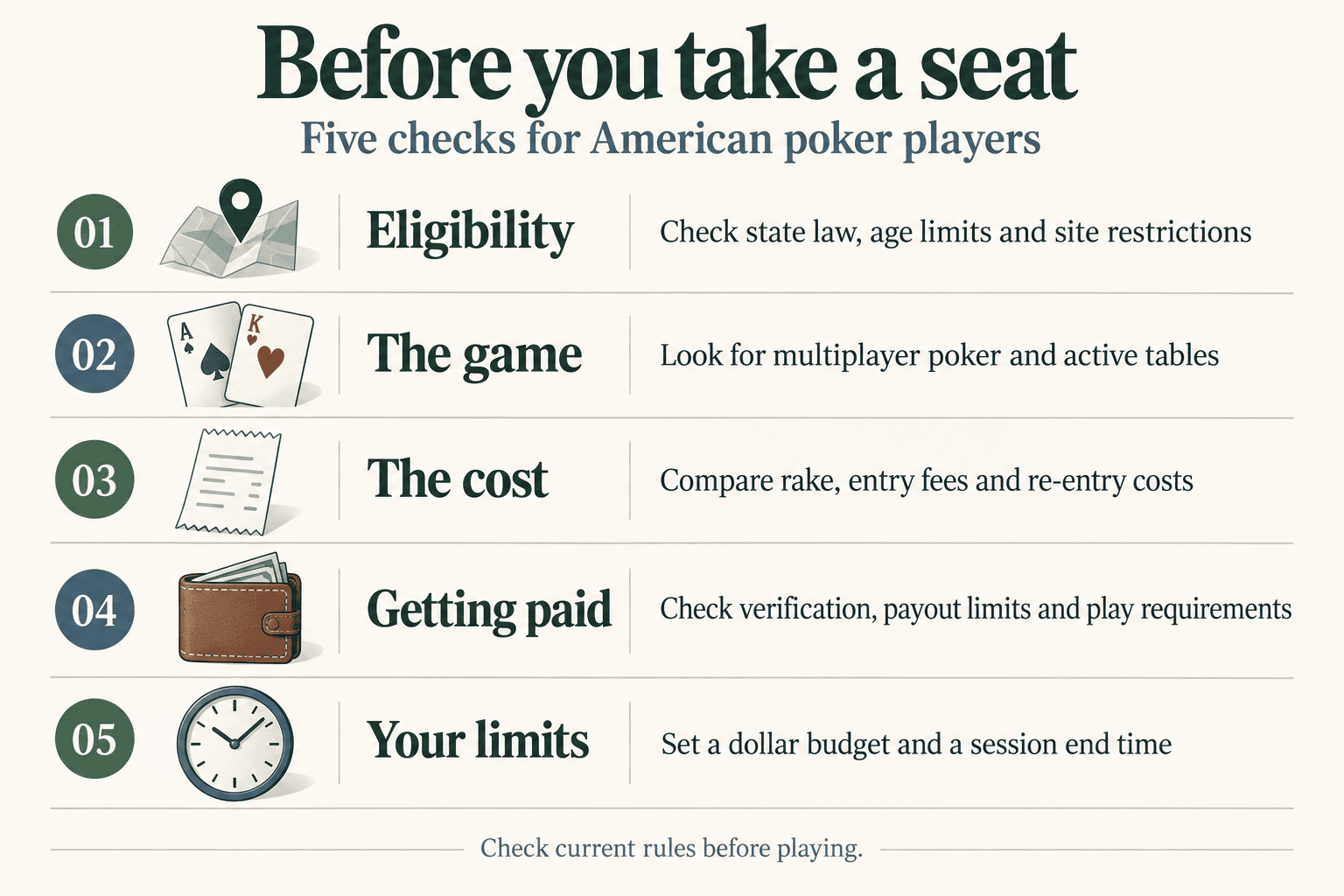 Five checks before playing: eligibility under state law and site restrictions; multiplayer games and active tables; rake and entry costs; payout verification, limits and play requirements; a dollar budget and a session end time.