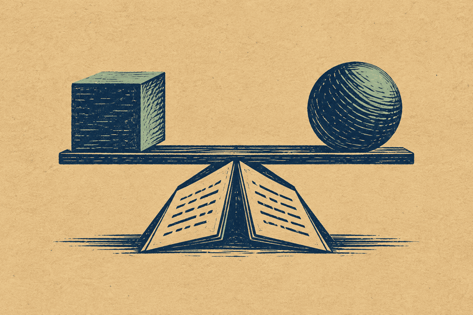 Illustration gravée : un document plié soutient une balance portant deux formes différentes.