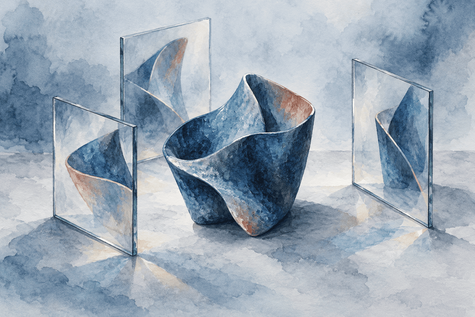 Aquarelle : une forme plissée entourée de trois panneaux de verre qui en montrent différents angles.