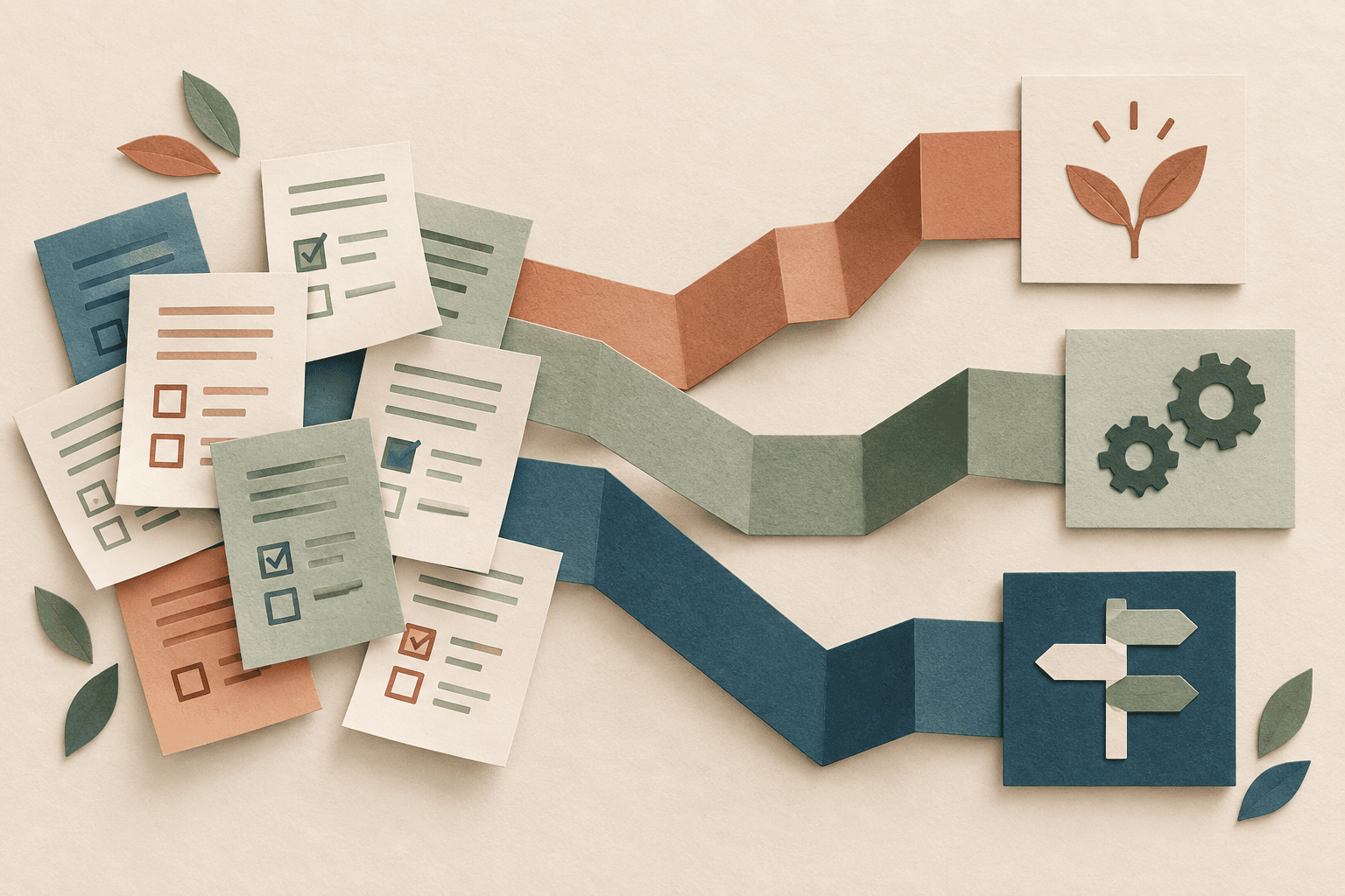 Illustration en papier découpé : des feuilles de sondage reliées à plusieurs pistes de décision.