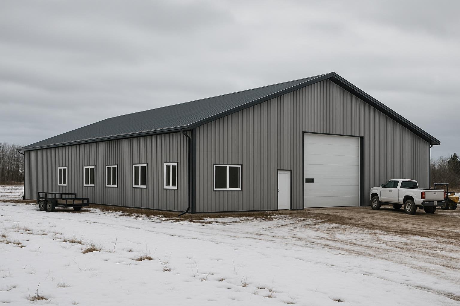 Steel barndominium exterior in Canadian winter showing metal cladding and shop door