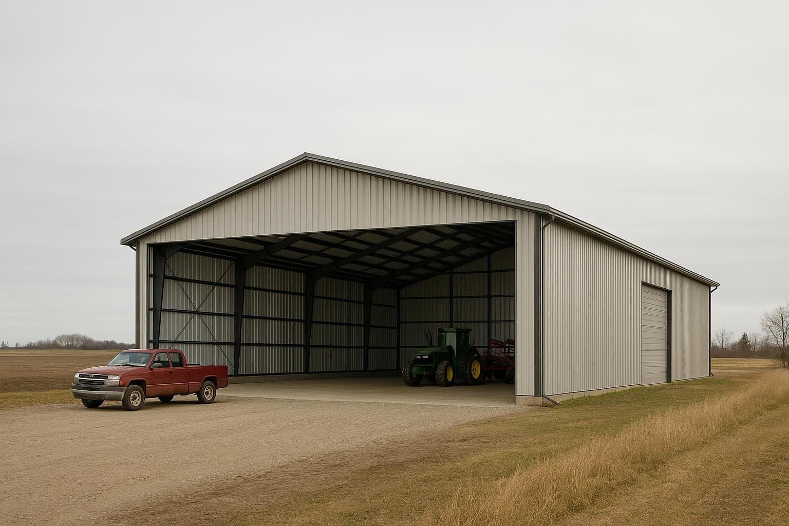 Large pre-engineered steel agricultural building with rigid frame on Canadian farm site
