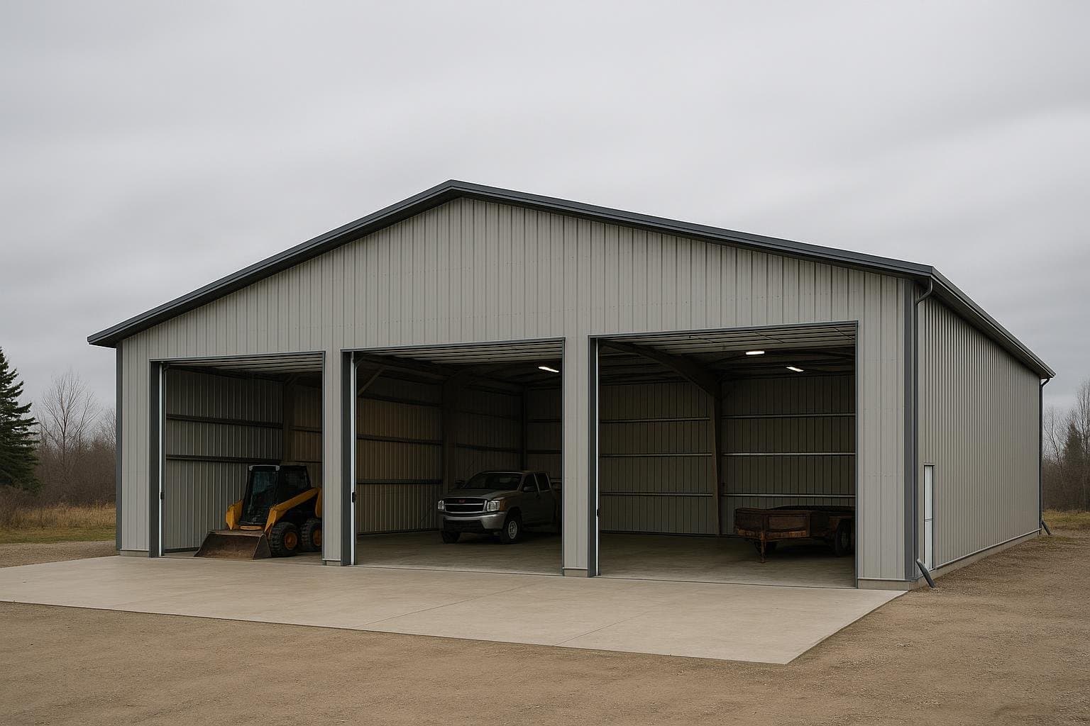 Pre-engineered steel prefab garage with open overhead doors on concrete slab