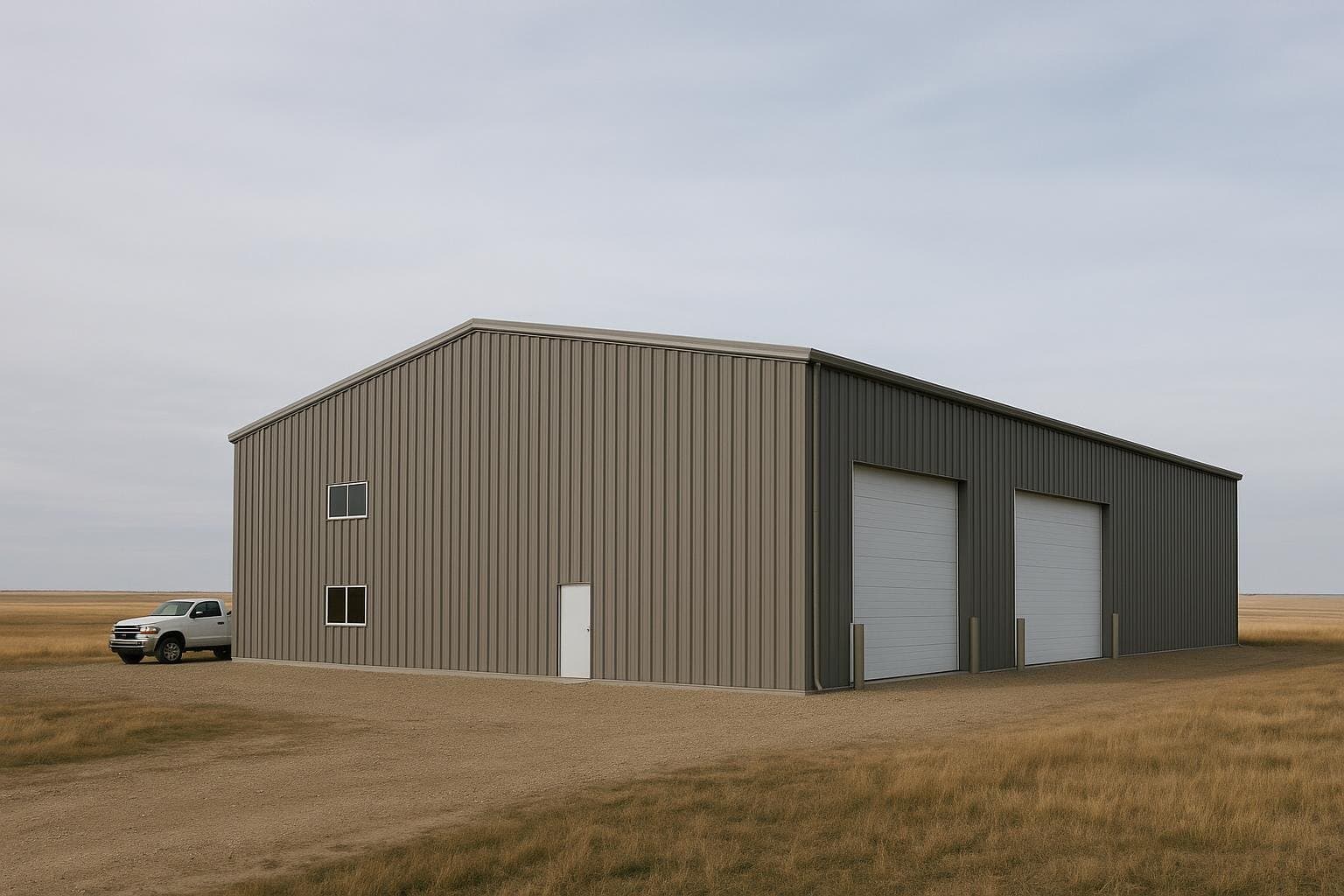 Pre-engineered steel building on Alberta prairie landscape under blue sky