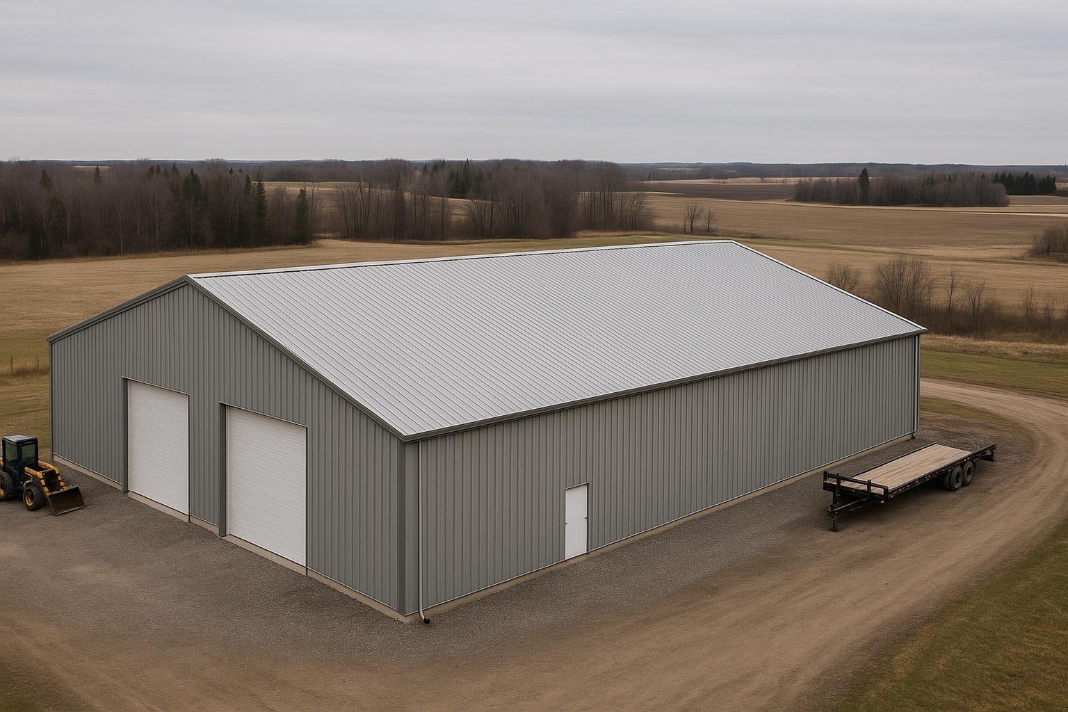 Large pre-engineered steel building on a Canadian rural property