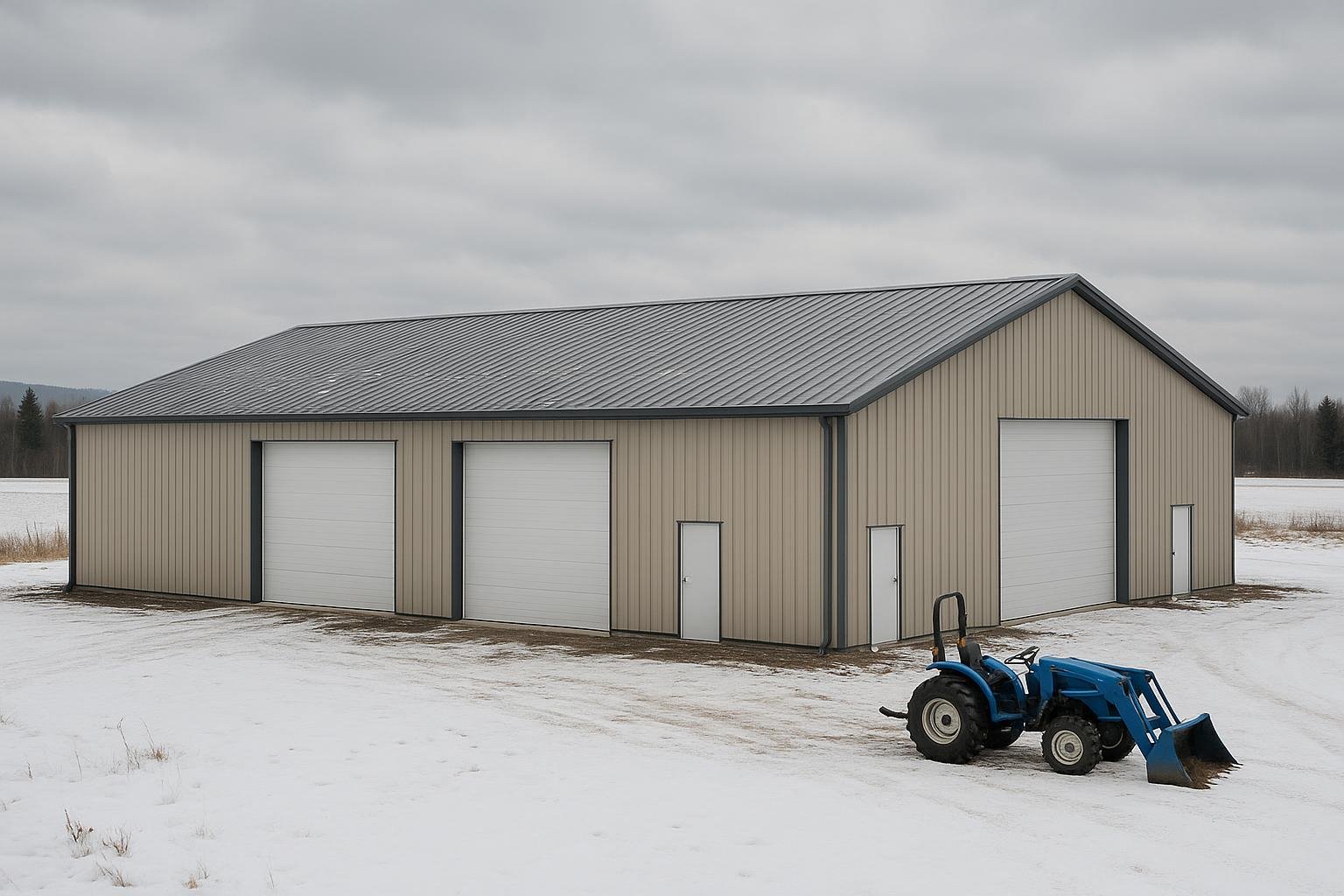 Pre-engineered steel building in a Quebec rural winter landscape