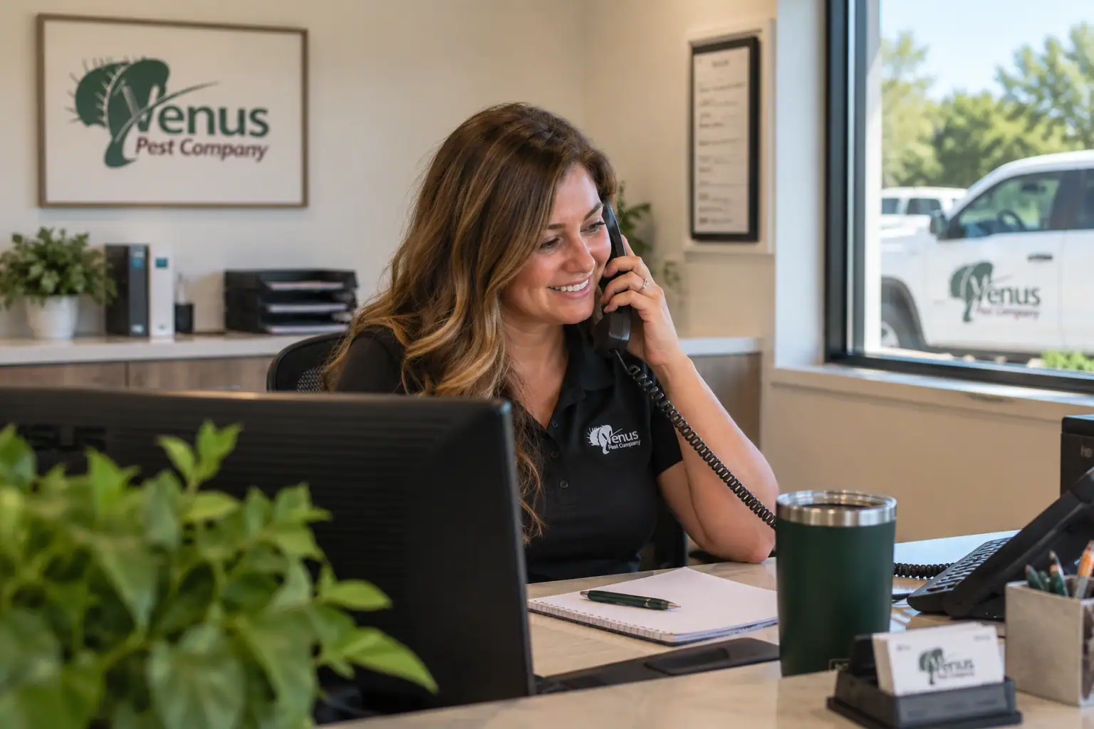 Venus Pest Company team member helping a customer by phone at the office