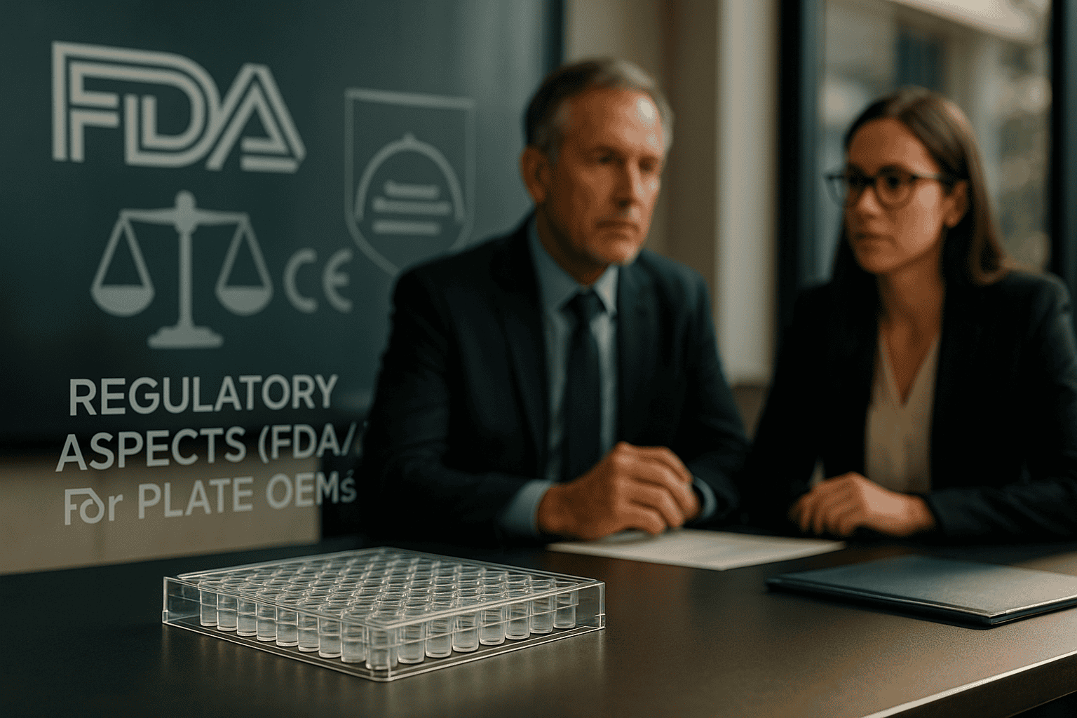FDA regulatory compliance and testing in a professional laboratory setting with two experts discussi.