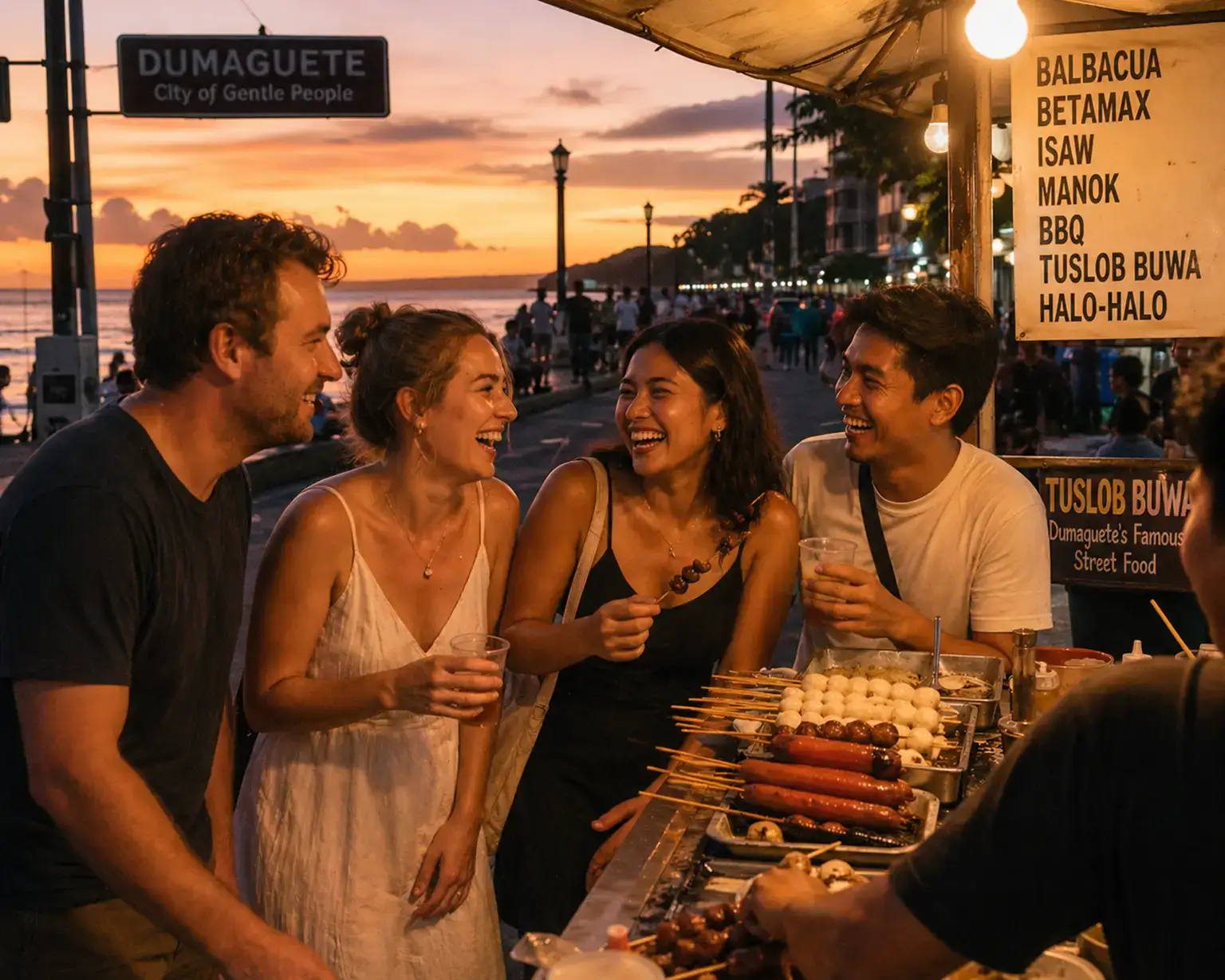 Street food stall with friends in Dumaguete City at sunset.