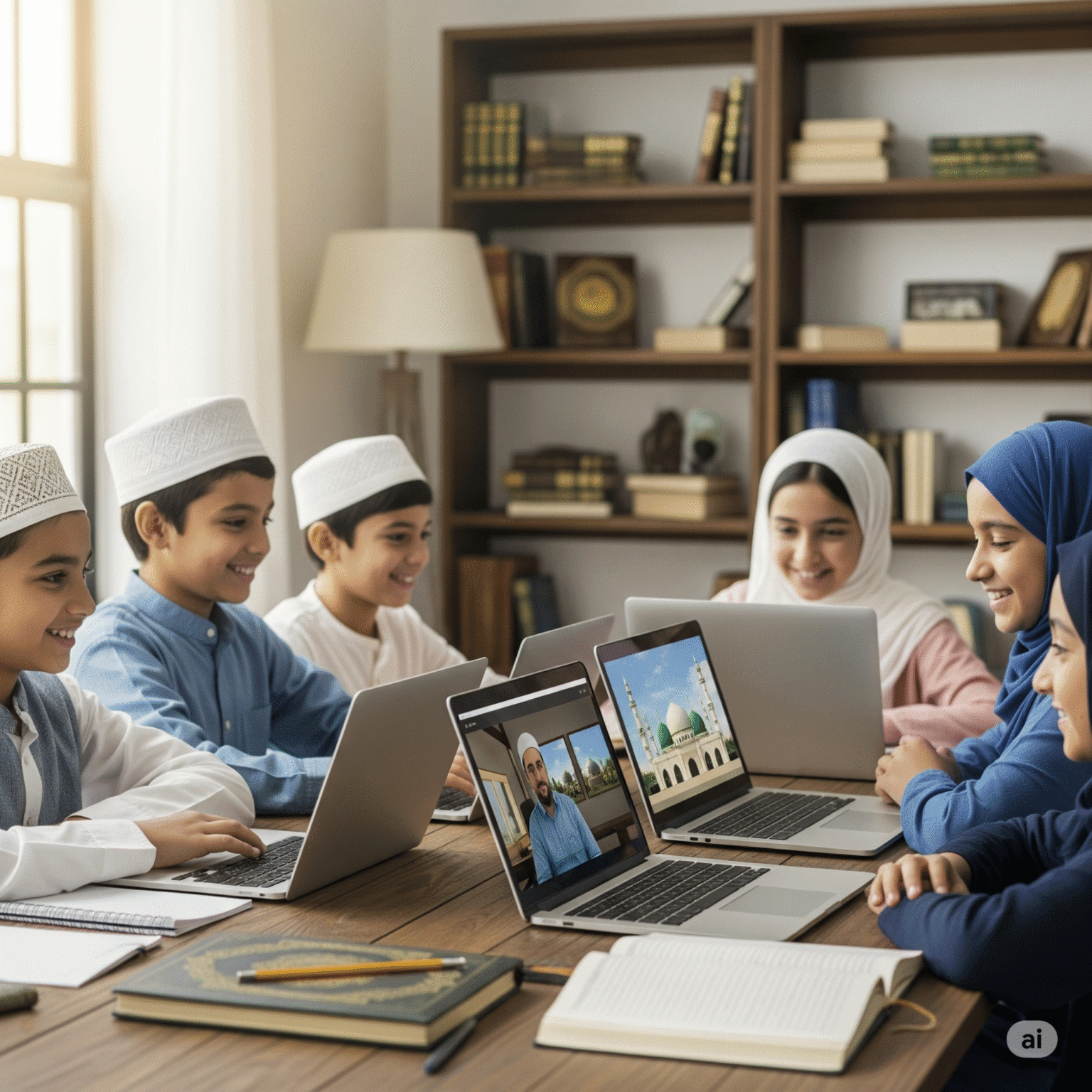 A group of Muslim children using Ai in islamic education. sitting around a table with laptops, smiling and engaged in virtual classroom