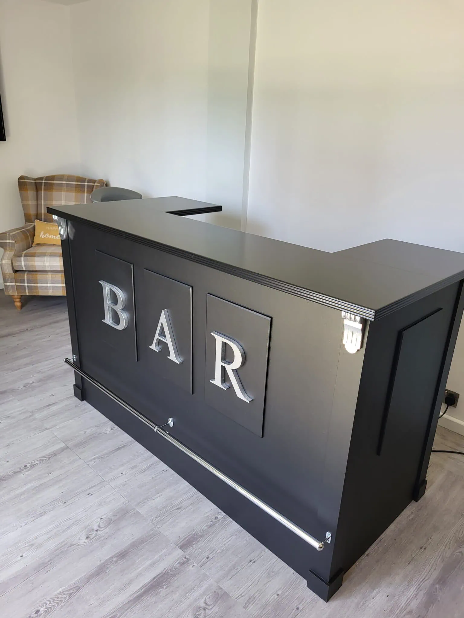 Our Shakespeare II home bar with silver BAR letters on the front