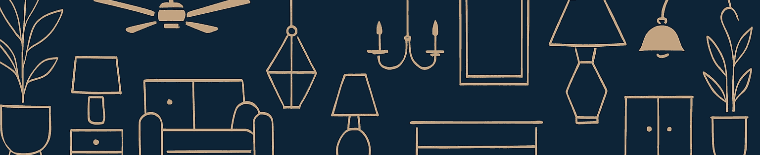 A seamless wide border graphic featuring gold line-art illustrations of home lighting, furniture, ceiling fans, lamps, and décor elements on a navy background.