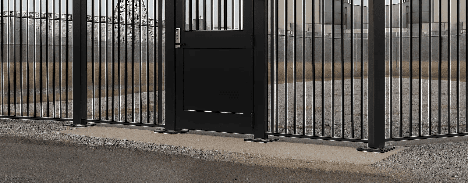 An industrial gate with solid infill and a solid gated entrance.