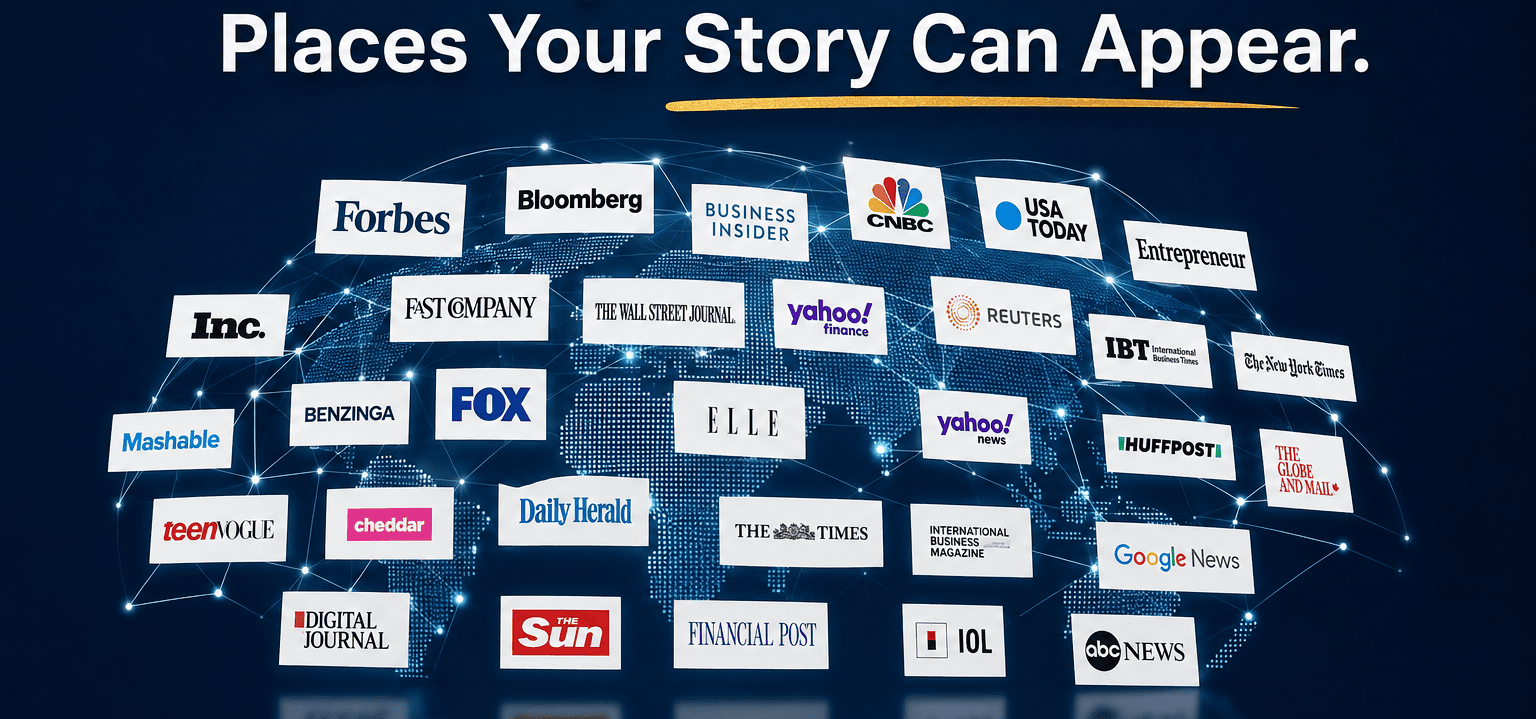 Places your story can appear — Forbes, Bloomberg, Business Insider, CNBC, USA Today, Reuters, The Wall Street Journal, Yahoo Finance, The New York Times, Entrepreneur, Fast Company, Inc., Elle, HuffPost, Google News, ABC News, The Sun, The Times, Financial Post and more