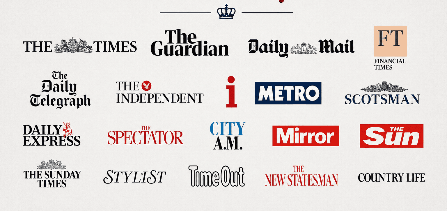 UK titles including The Times, The Guardian, Daily Mail, Financial Times, The Daily Telegraph, The Independent, i, Metro, The Scotsman, Daily Express, The Spectator, City A.M., Mirror, The Sun, The Sunday Times, Stylist, Time Out, New Statesman and Country Life
