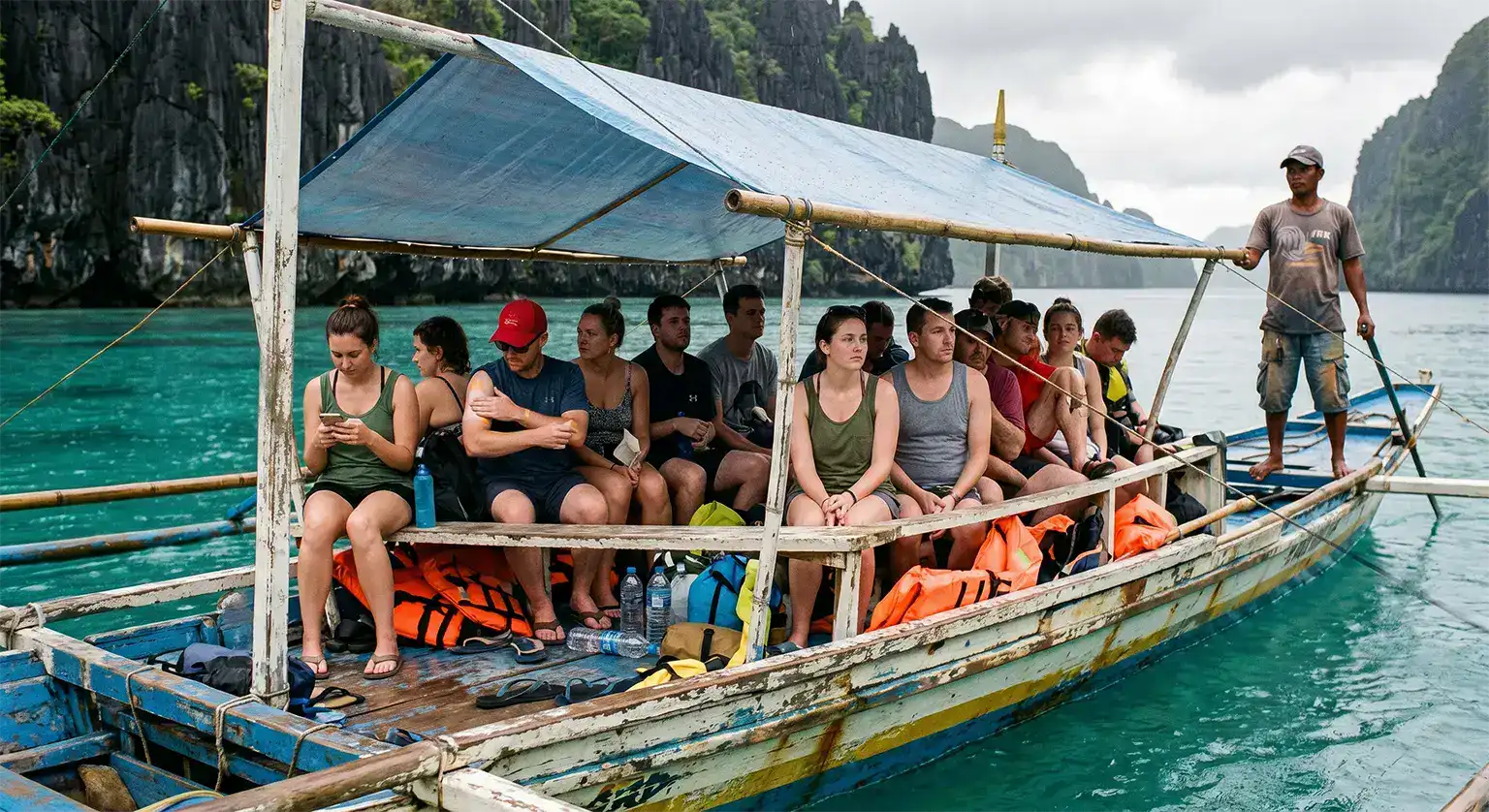 Overcrowded tourist bangka boat packed with travelers near El Nido, Palawan, El Nido tours, island hopping in the Philippines, shared group tour.