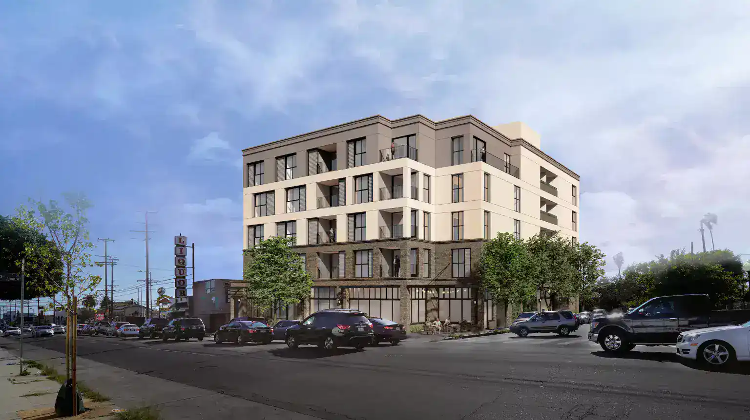 Contemporary mixed-use building with retail space on ground floor and residential units above.
