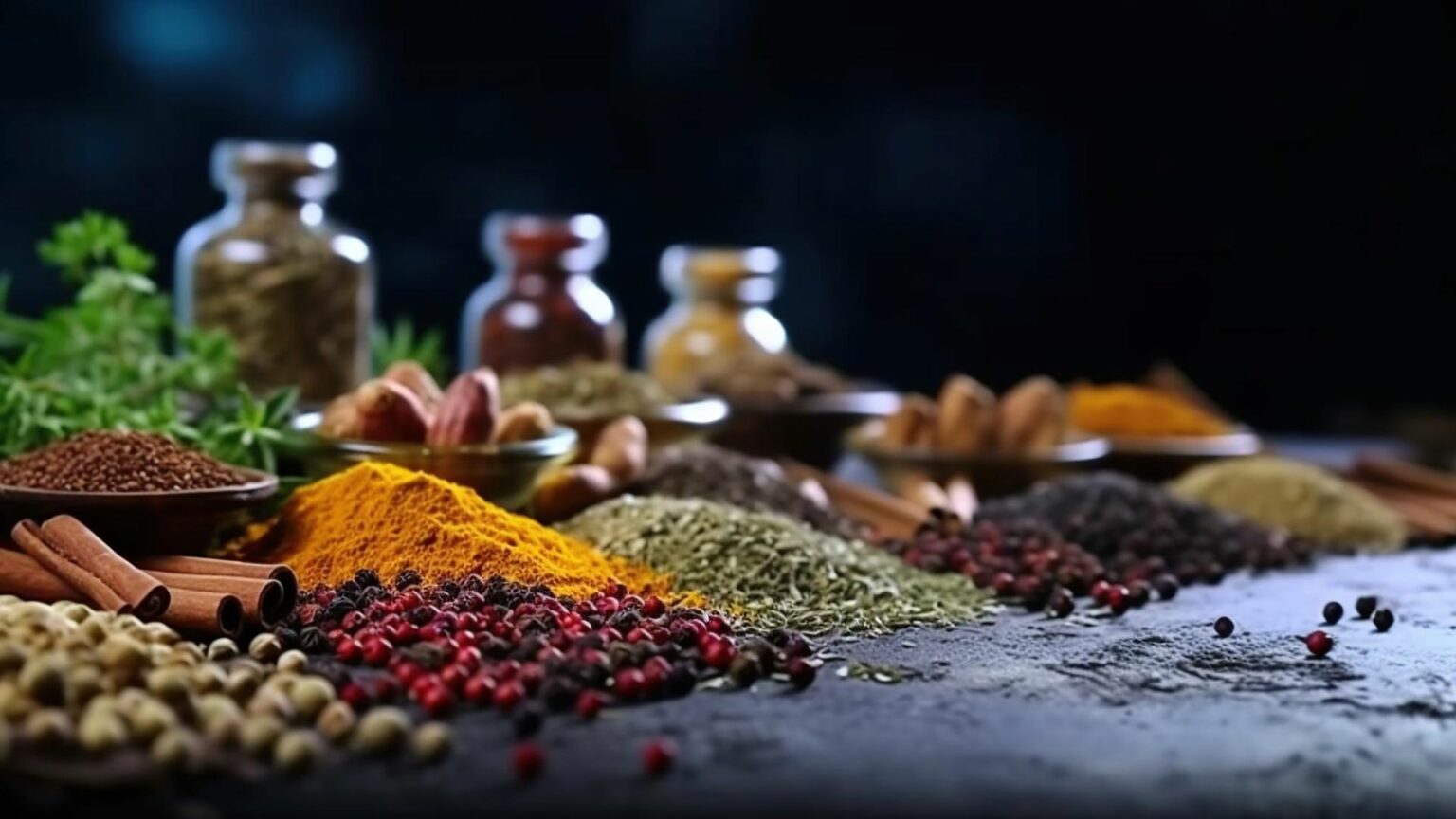 Many Spices And Herbs On A Table