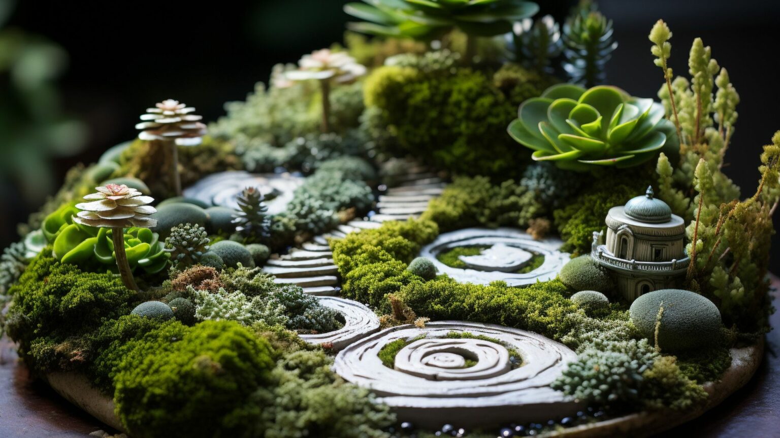 decorative elements like moss, sticks, and figurines.