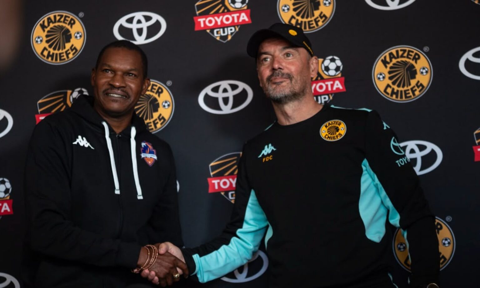 Scottland FC coach Norman Mapeza and Kaizer Chiefs coach Fernando Da Cruz at the Toyota Cup press conference at Kaizer Chiefs village
