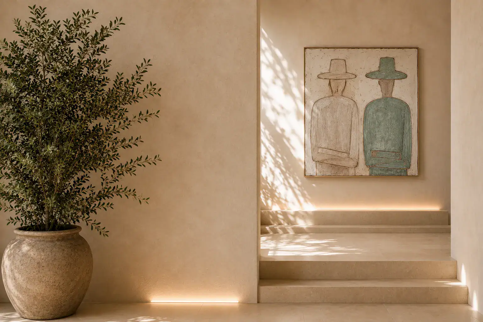 Cuadro moderno de figuras humanas en escalera de microcemento con iluminación LED integrada.