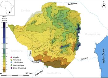 Map of Zimbabwe showing rainfall zones and major rivers.