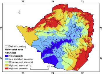 Malaria risk zones in Zimbabwe with color-coded risk classes.