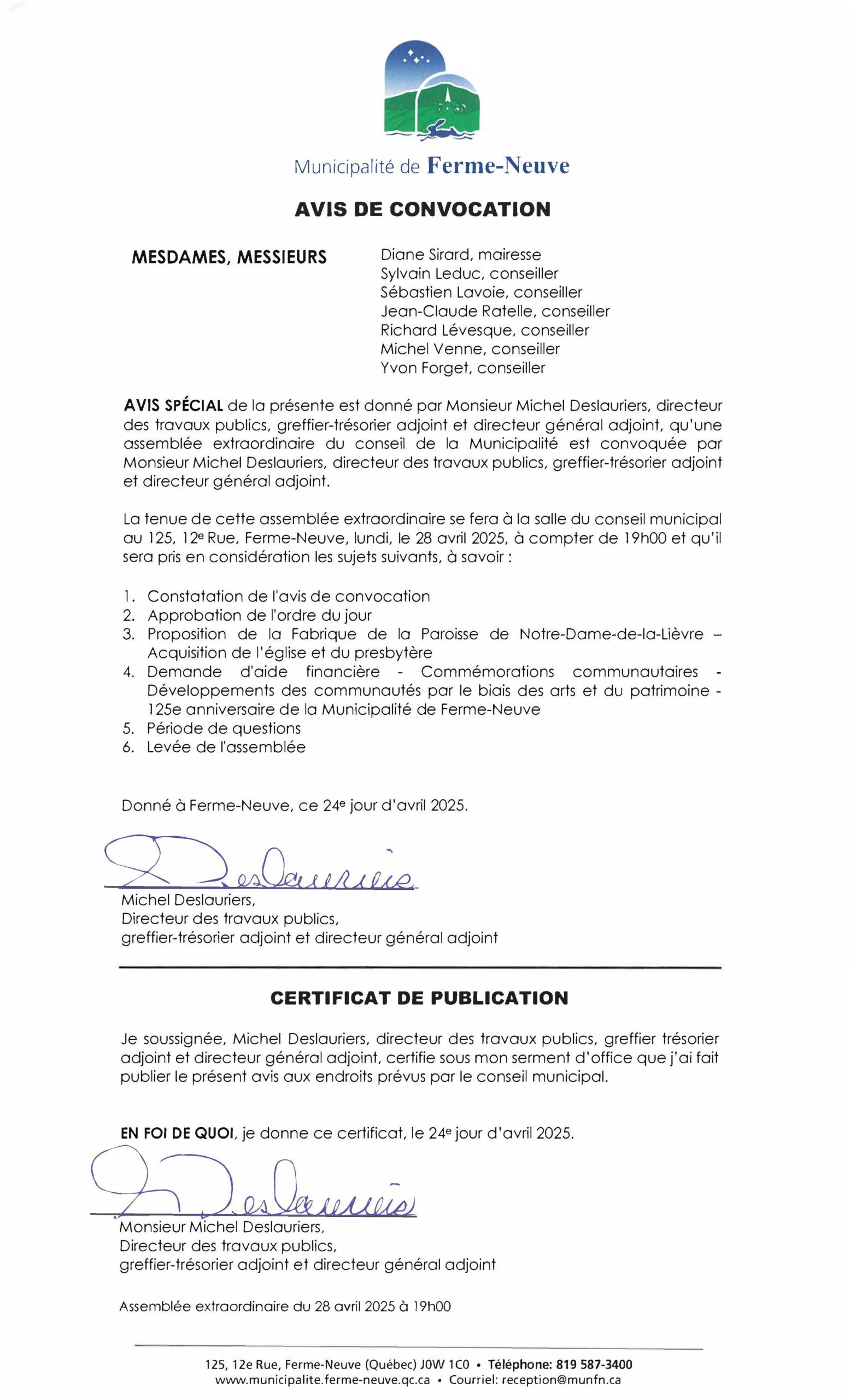 Avis de convocation 2025-04-28 – Extraordinaire