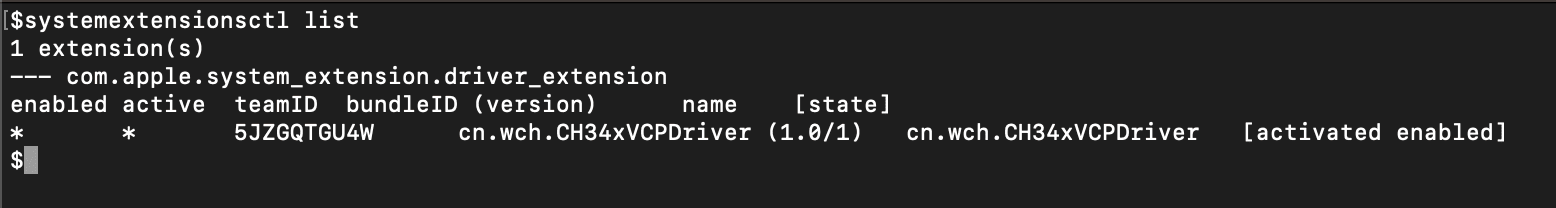 running the systemextensionsctl list command to find ch340 driver on mac