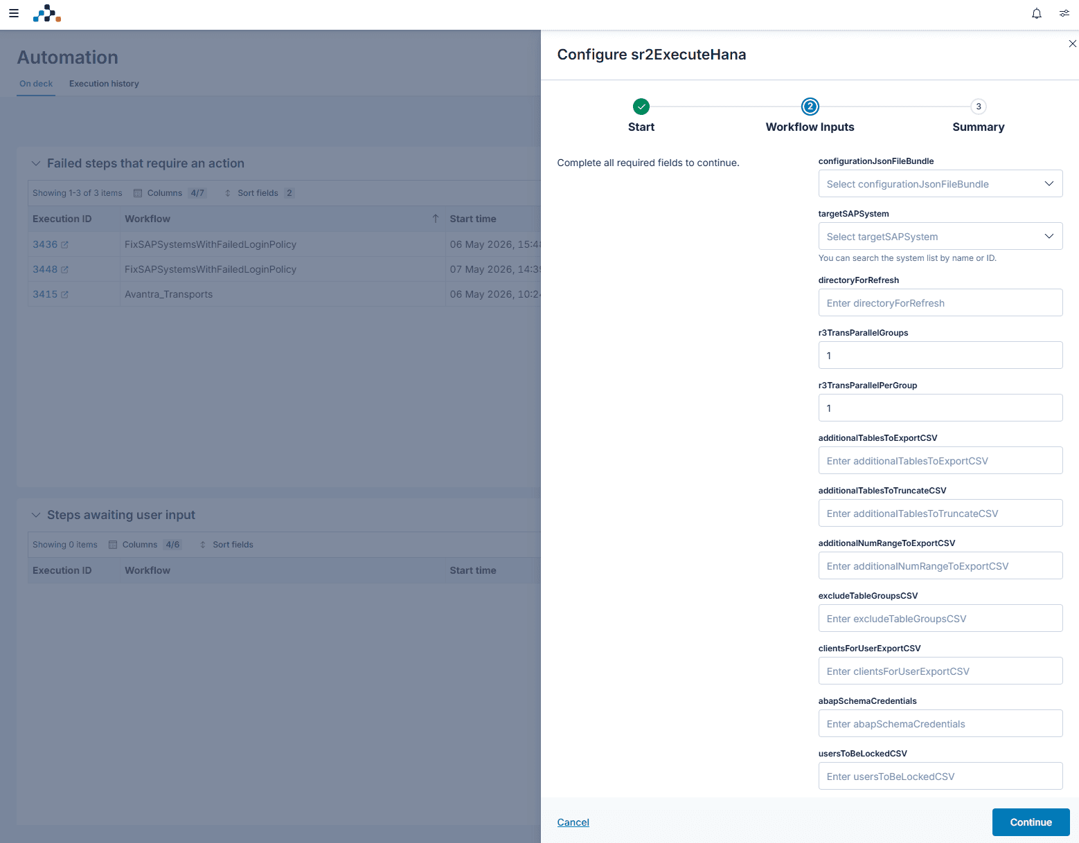 Avantra automation configuration wizard showing workflow input fields for an automated SAP system refresh.
