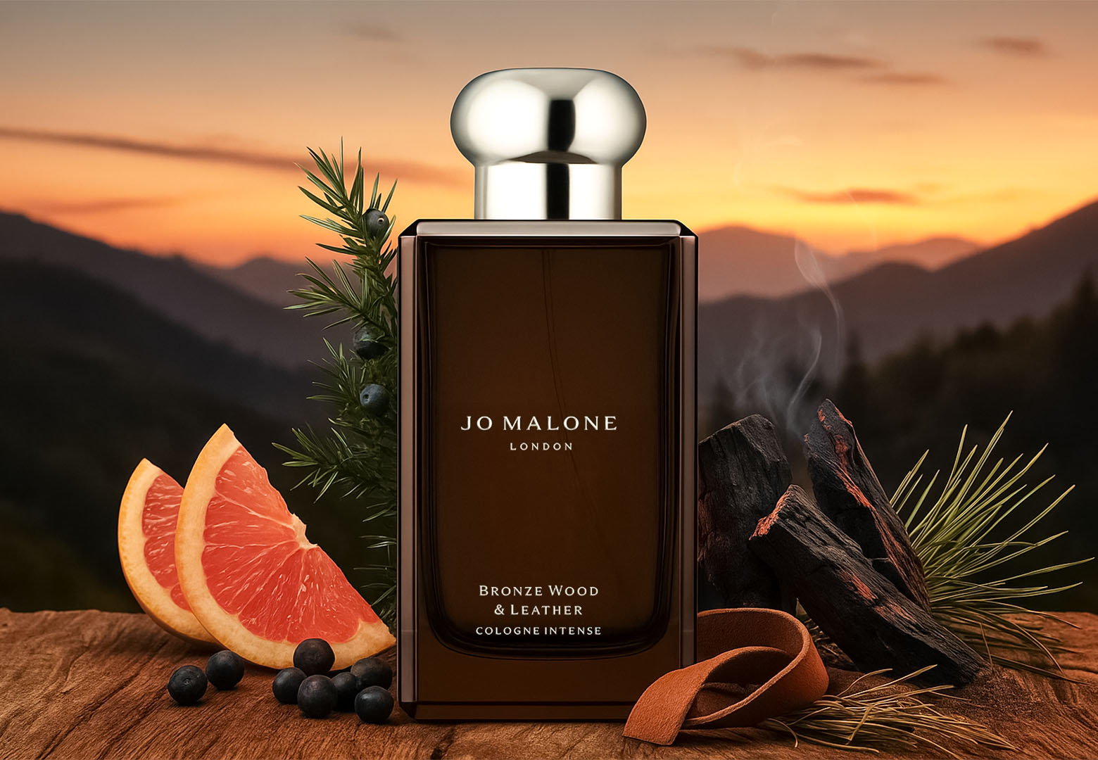 Jo Malone Bronze Wood & Leather Cologne Intense fragrance re-release inspired by smoky woods, supple leather, vetiver, juniper, and fresh grapefruit