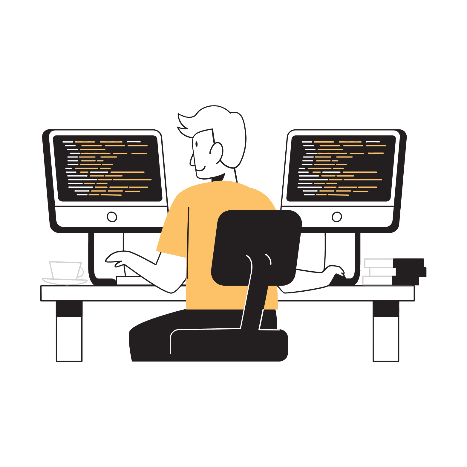 Illustration eines Programmierers mit zwei Monitoren bei der Webentwicklung – Darstellung von Coding, Softwareentwicklung, IT-Services und moderner Technik.
