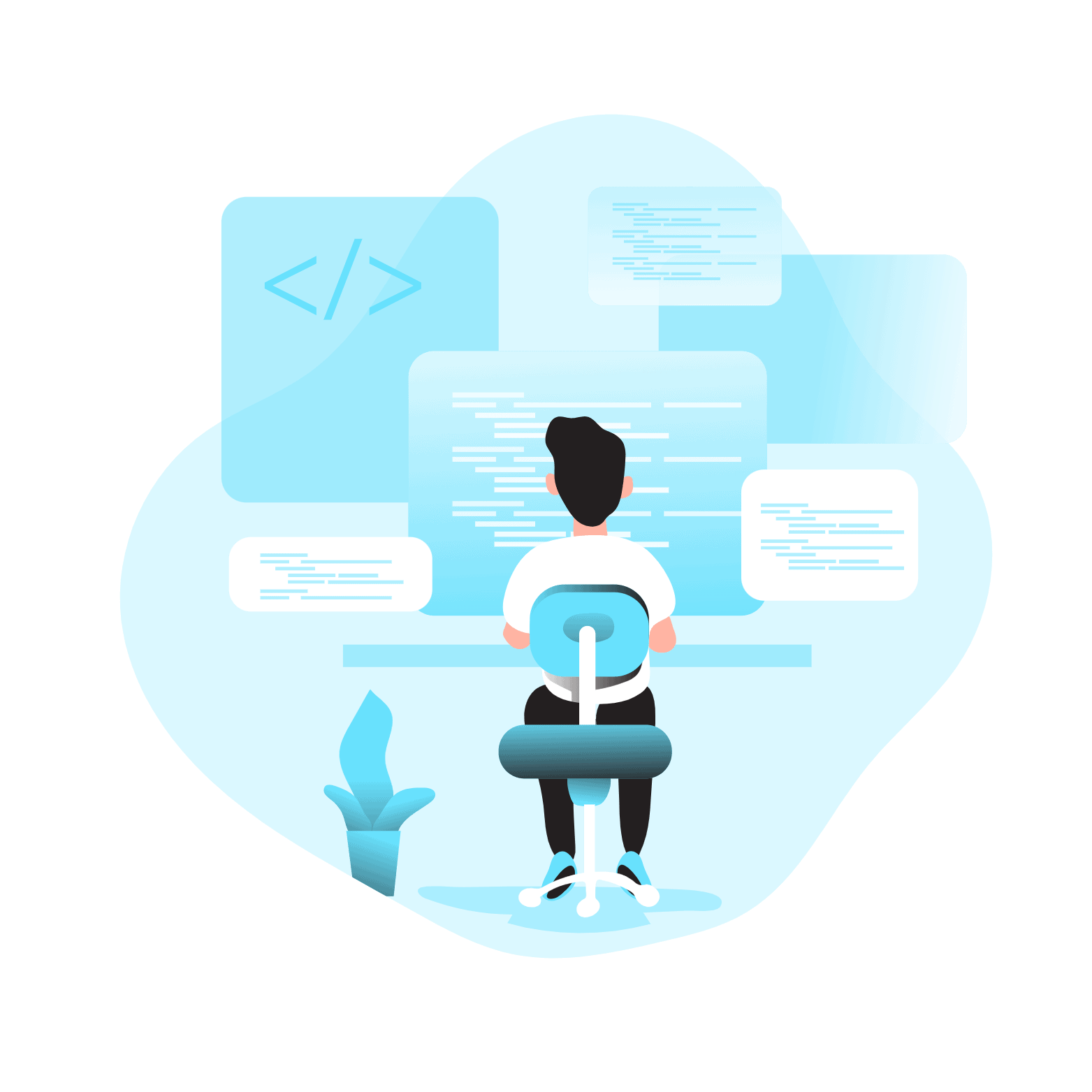 Moderne Illustration eines Entwicklers am Schreibtisch mit mehreren digitalen Code-Fenstern – Symbolbild für Webentwicklung, Programmierung, IT-Dienstleistungen und digitale Transformation.