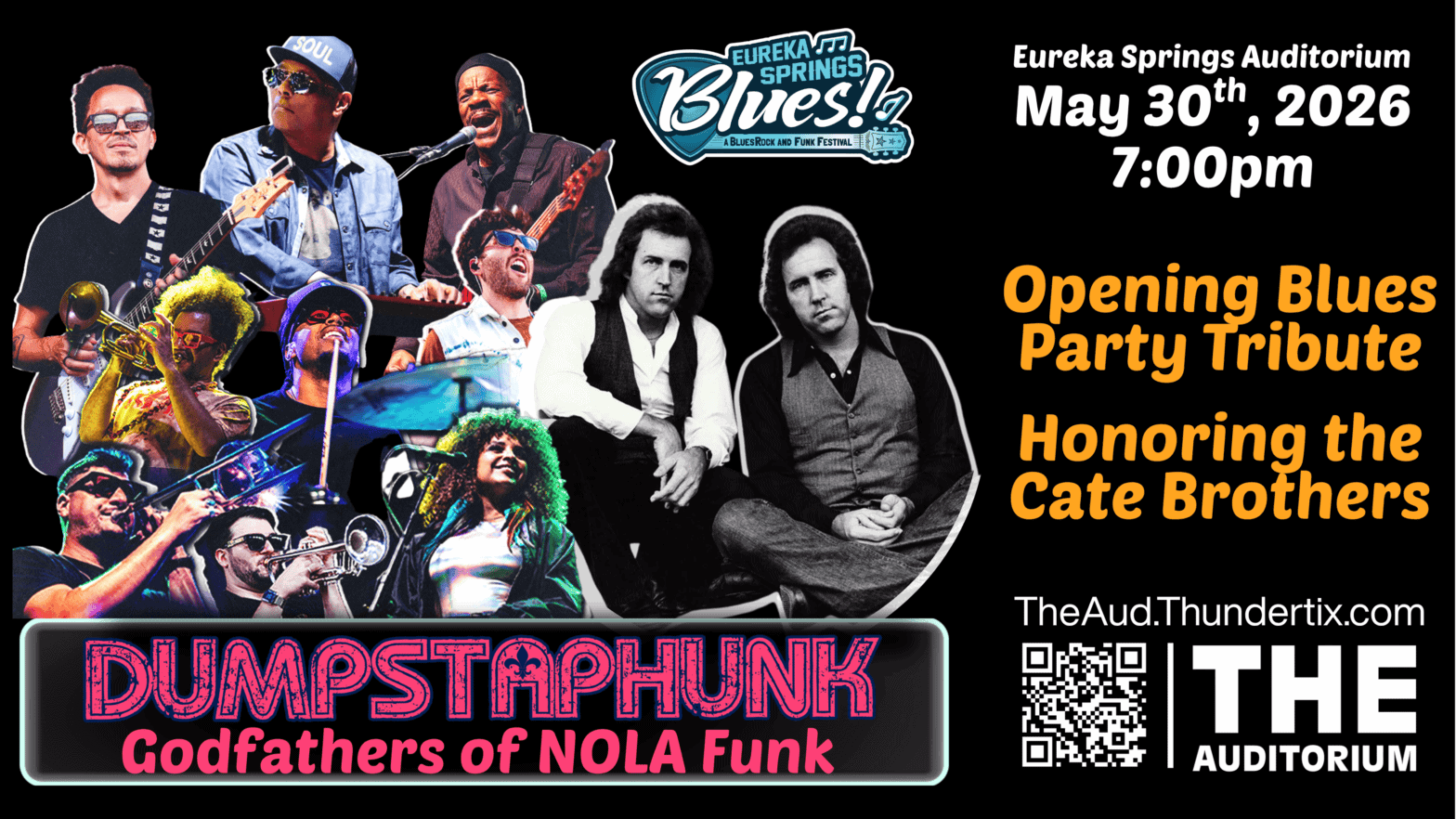 Eureka Springs blues concert poster with tribute to Cate Brothers and Dumpstaphunk.