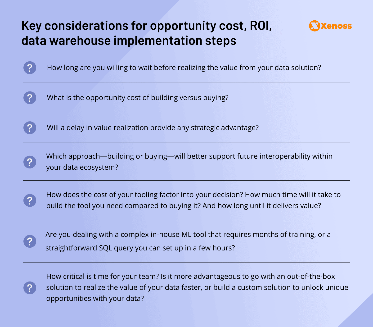 Key considerations for opportunity cost, ROI, data warehouse implementation steps, technology deployment, and business value realization Key considerations for opportunity cost, ROI, data warehouse implementation steps, technology deployment, and business value realization