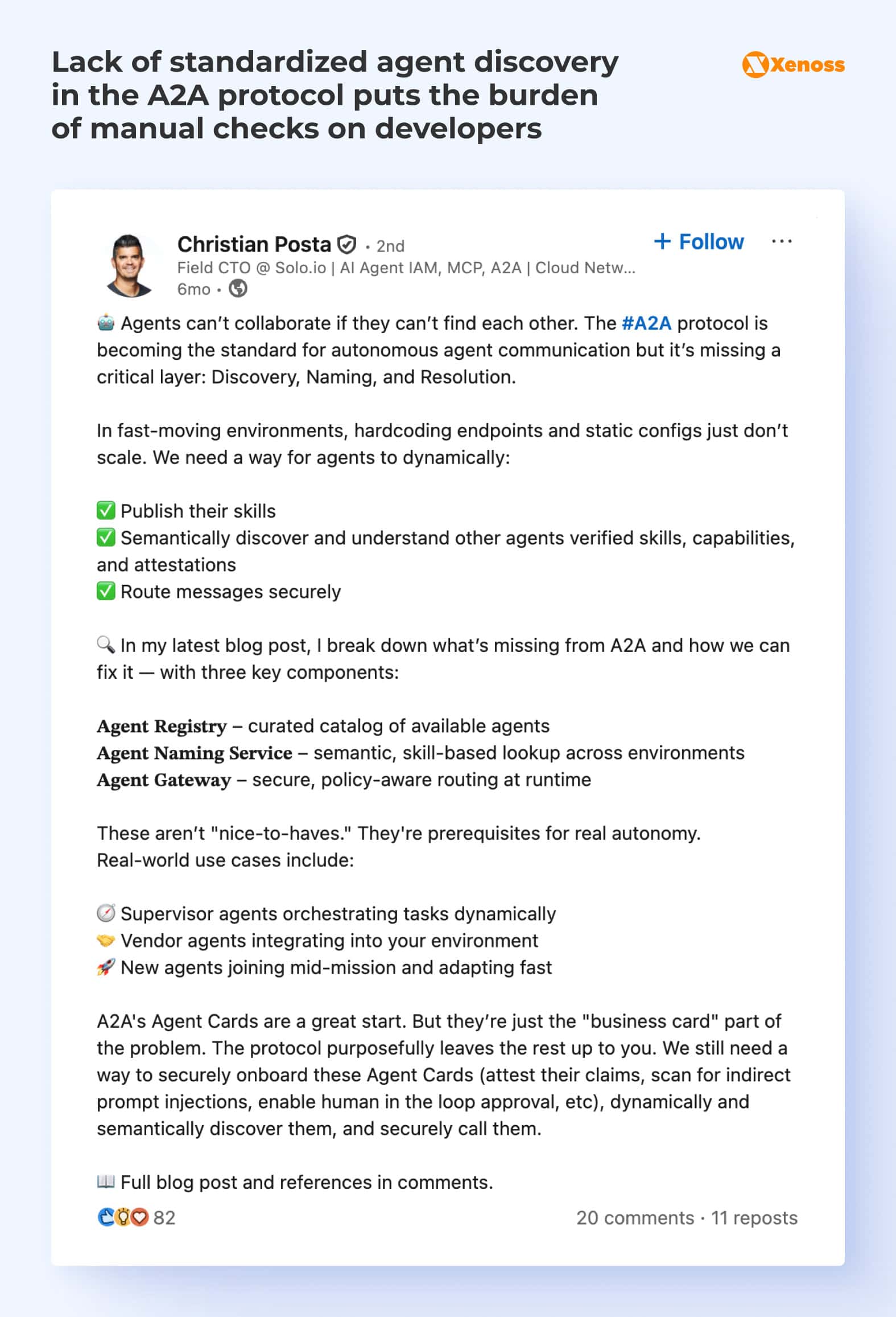 Lack of standardized agent discovery in the A2A protocol puts the burden of manual checks on developers