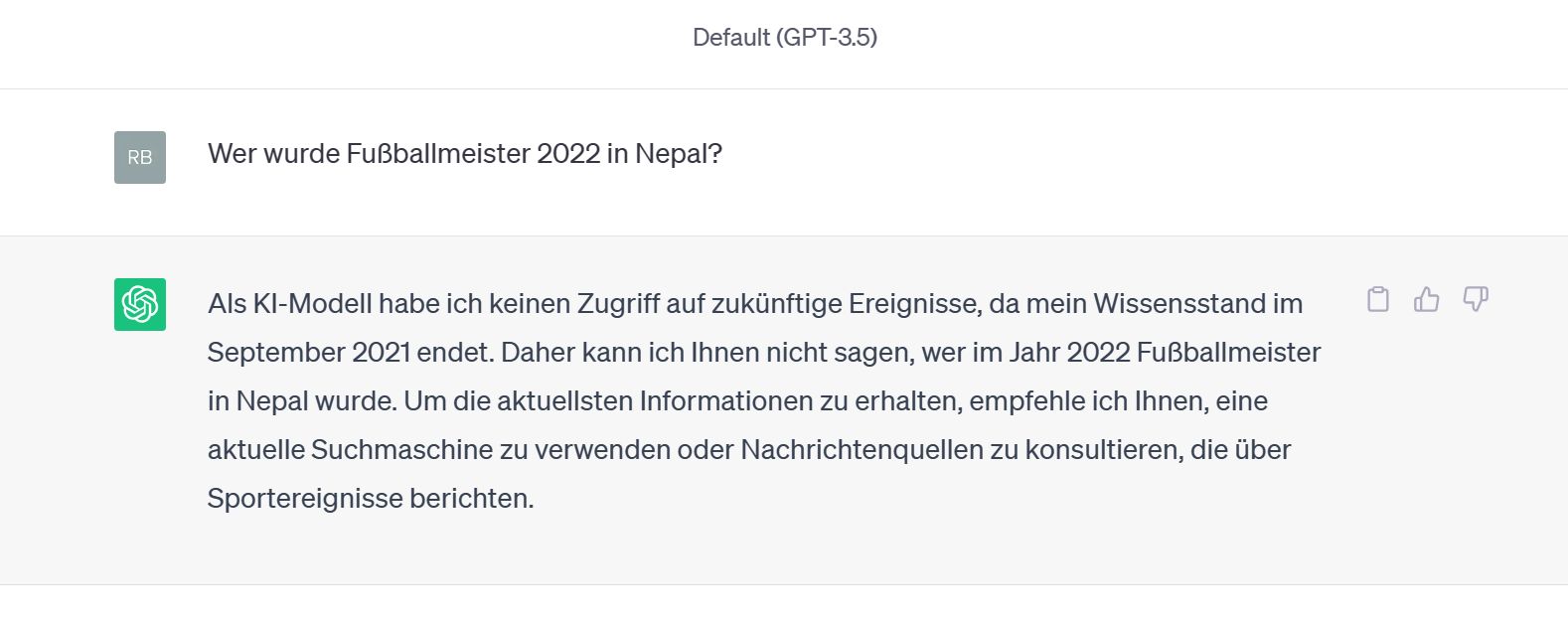 ChatGPT gibt zu, dass es Aktuelles nicht kennt (Screenshot)