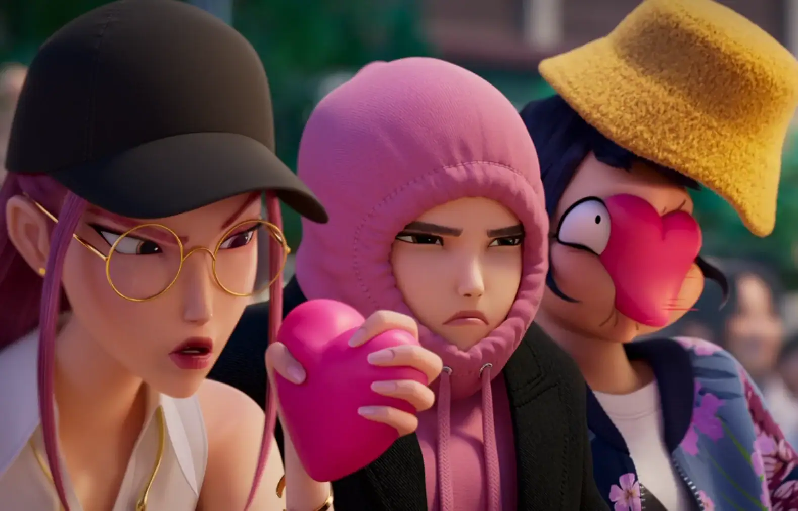 Mira holds a cartoon heart, while Zoey is hit in the face with one. Rumi glares.