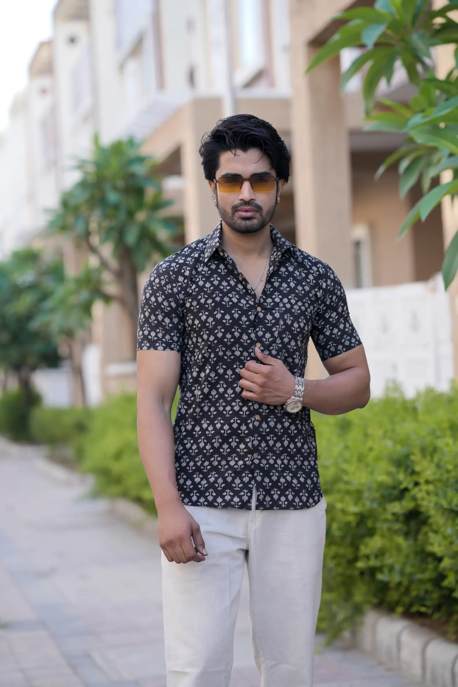 Black Bagru Print Cotton Half Sleeve Shirt