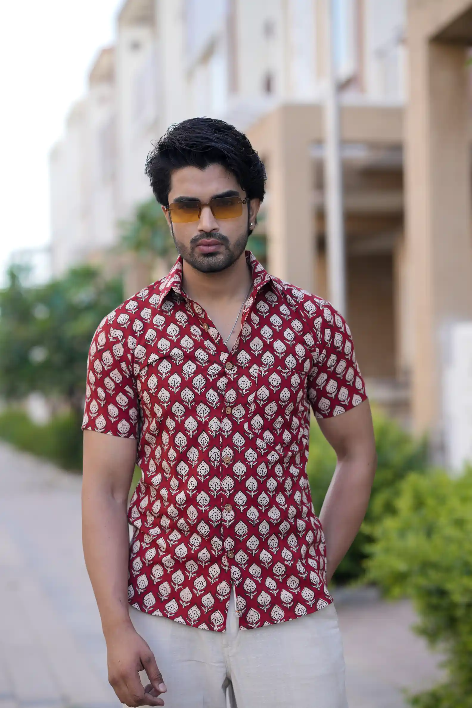 Red Bagru Print Cotton Half Sleeve Shirt