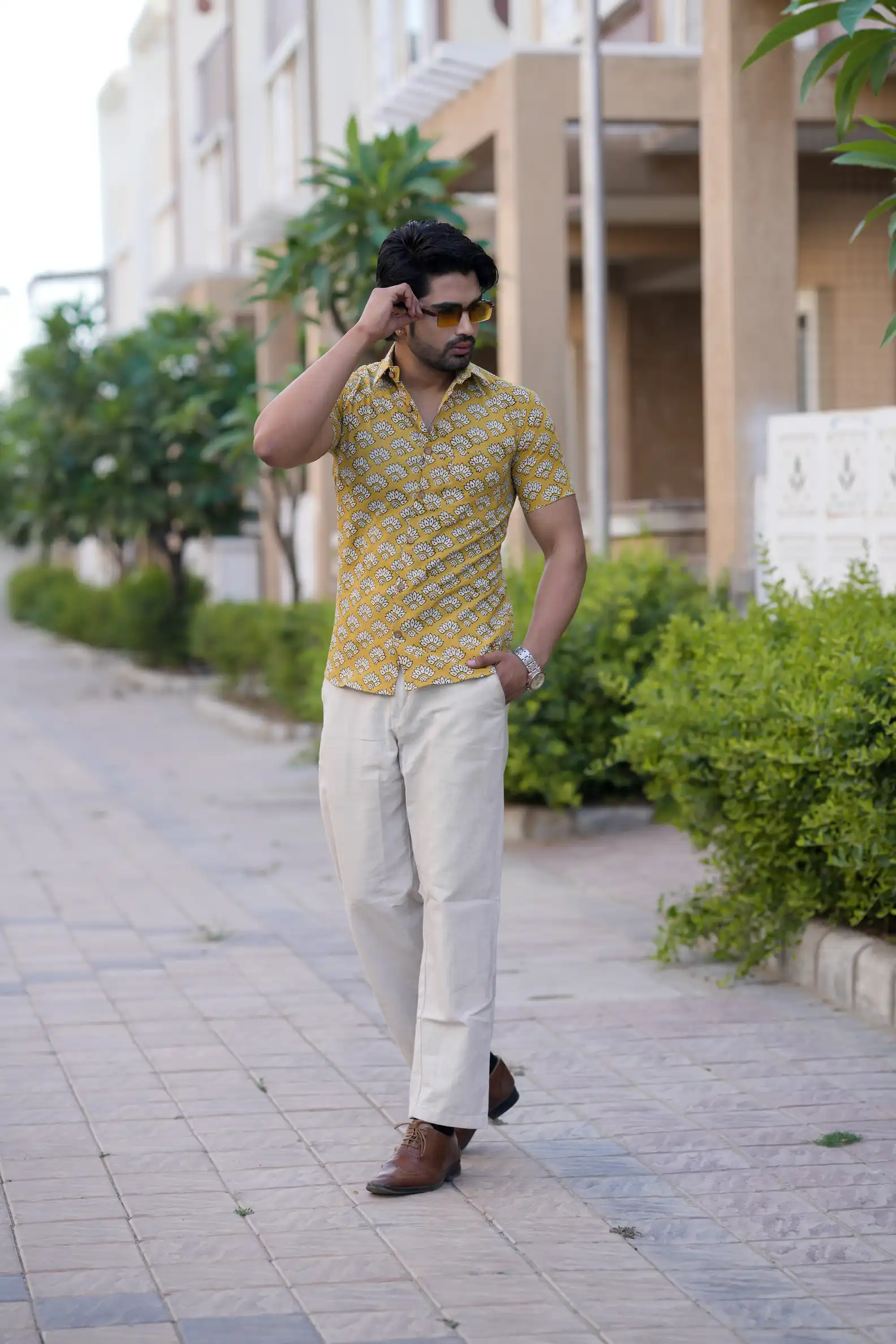Musturd Block Print Cotton Half Sleeve Shirt