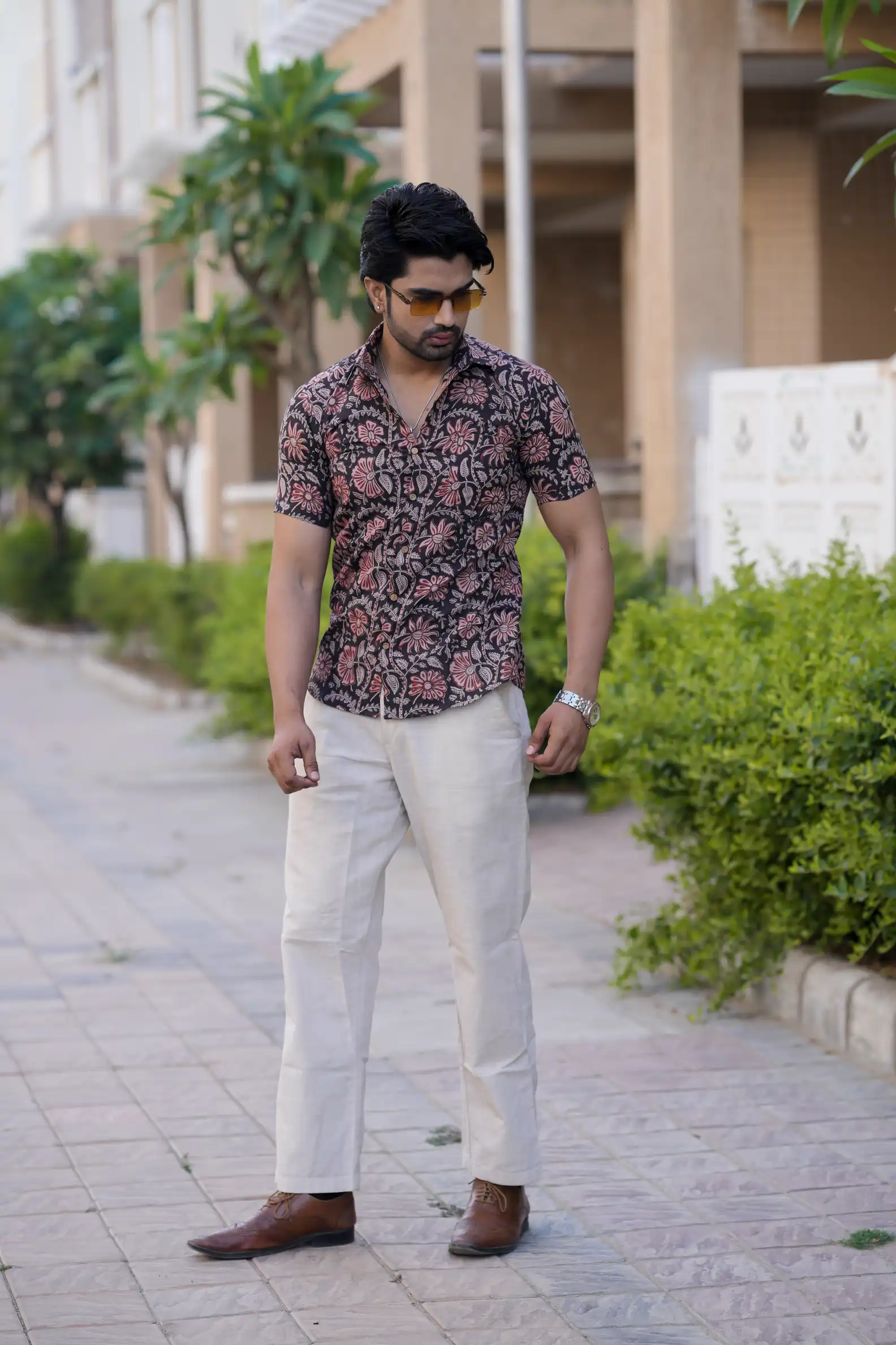 Black Kalamkari Print Cotton Half Sleeve Shirt