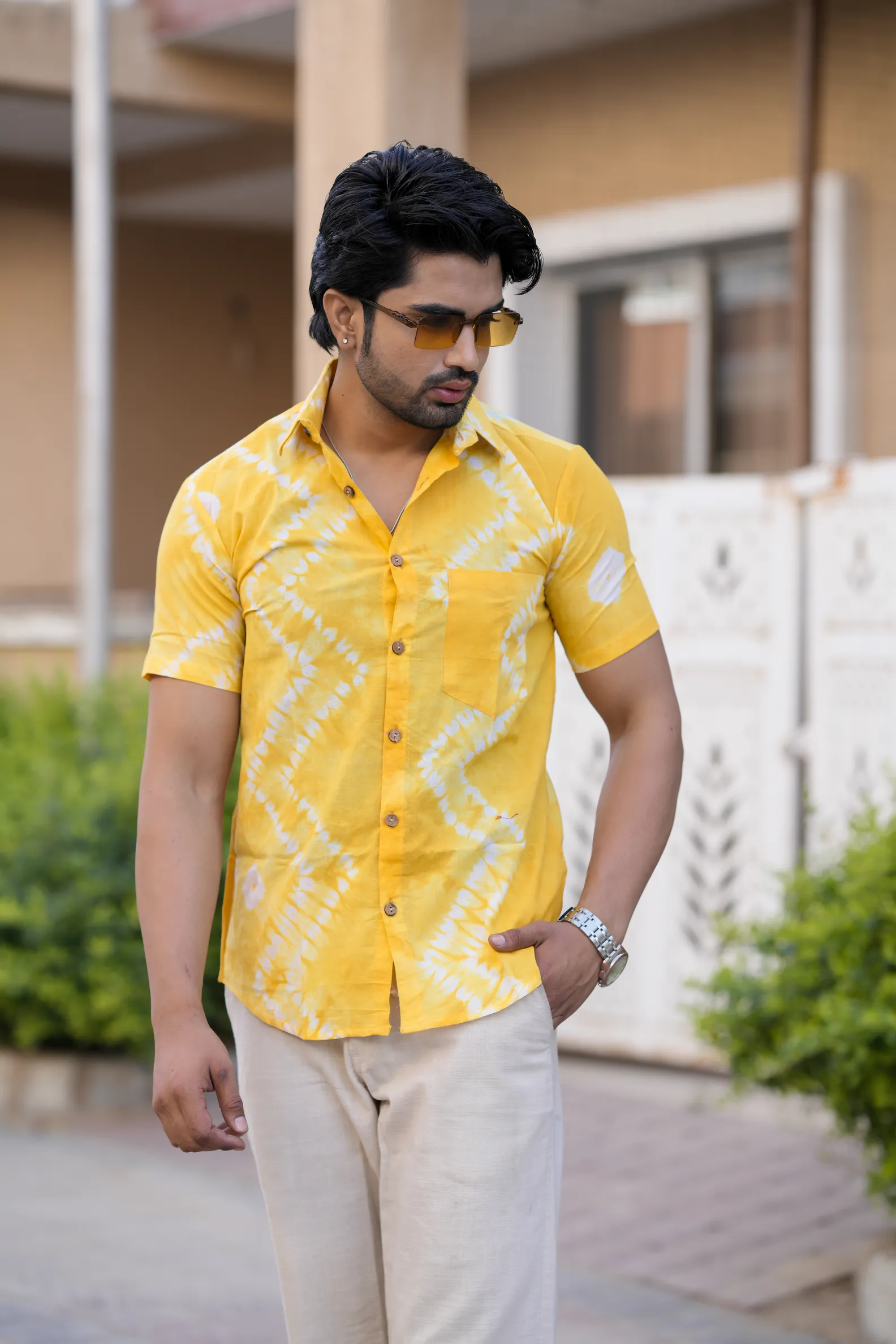 Yellow Tie Dye Print Cotton Half Sleeve Shirt