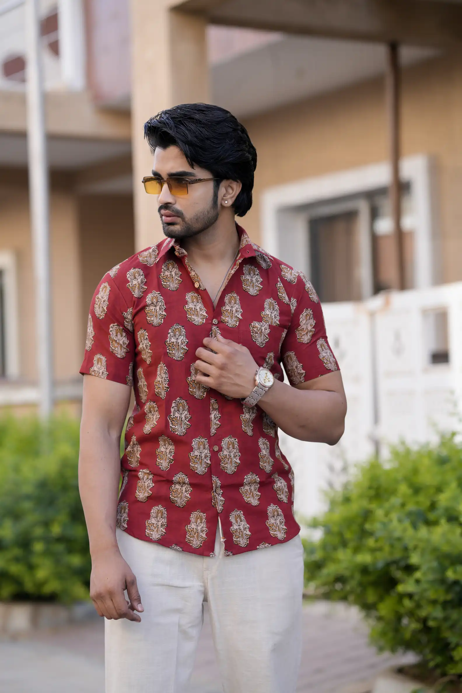 Red Buta Print Cotton Half Sleeve Shirt